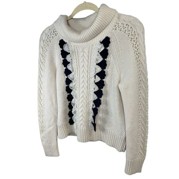 J Crew Cream wool blend cable knit sweater with navy ruffles XS - Picture 3 of 11